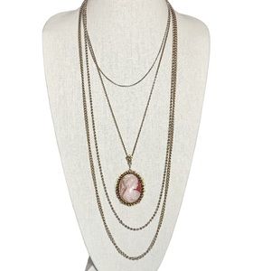 Vintage large cameo on multistrand layered tiered mixed chain necklace
